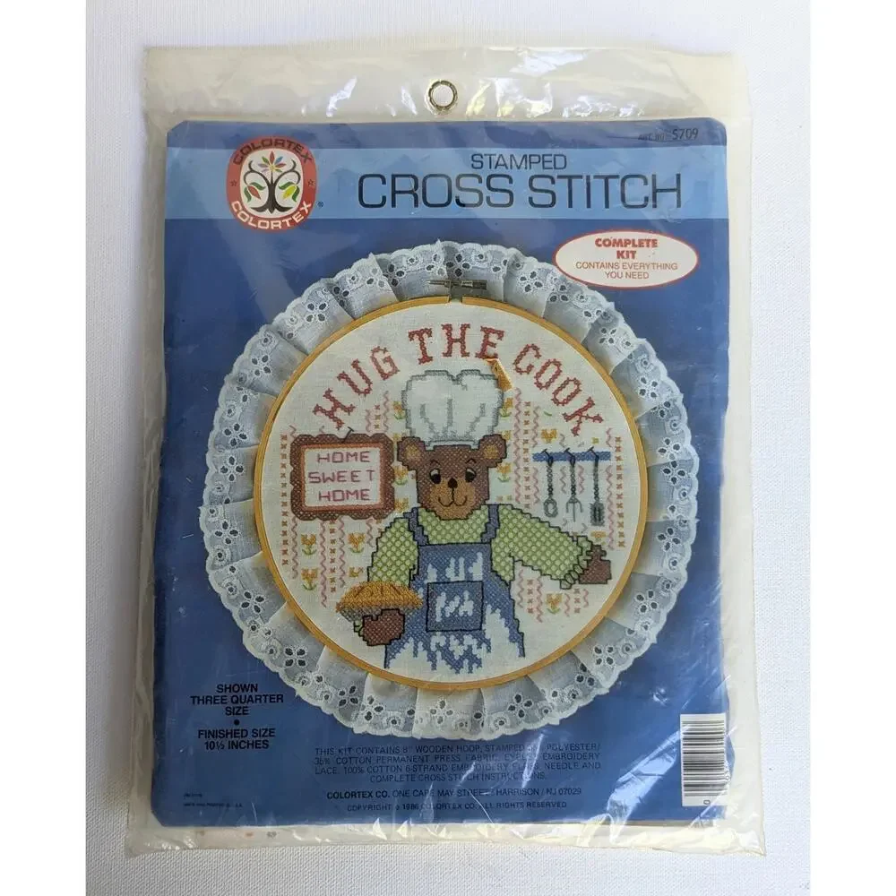 Vintage 1986 Colortex “Hug the Cook” Bear Stamped Cross Stitch Kit – Sealed